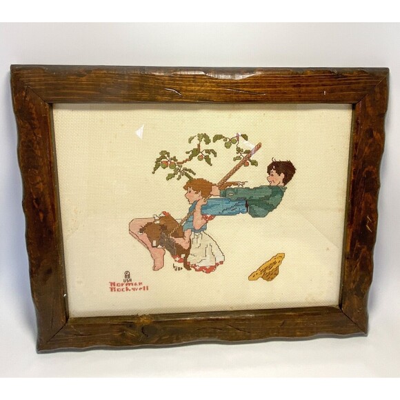 Vtg. 88' Framed Norman Rockwell Boy Girl Dog Swinging Cross Stitch Wooden Frame - Picture 1 of 3